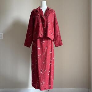 y2k red floral linen skirt set